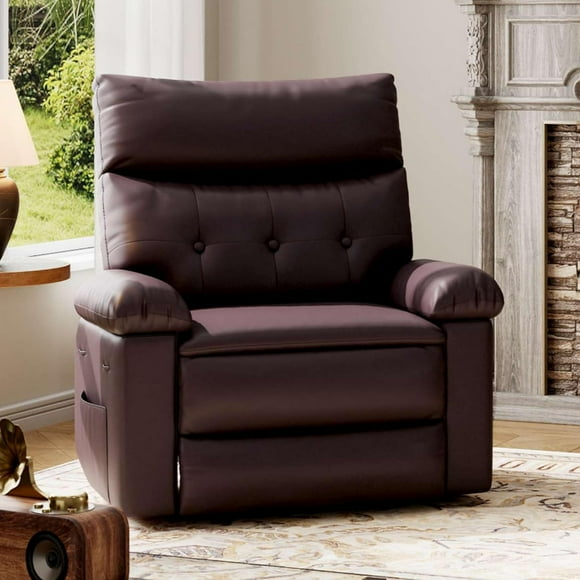 Recliner Chair - PU Leather Manual Recliner for Adults, Comfy Reclining Chair with Overstuffed Arms and Back, Side Pocket, Single Sofa for Living Room, Bedroom