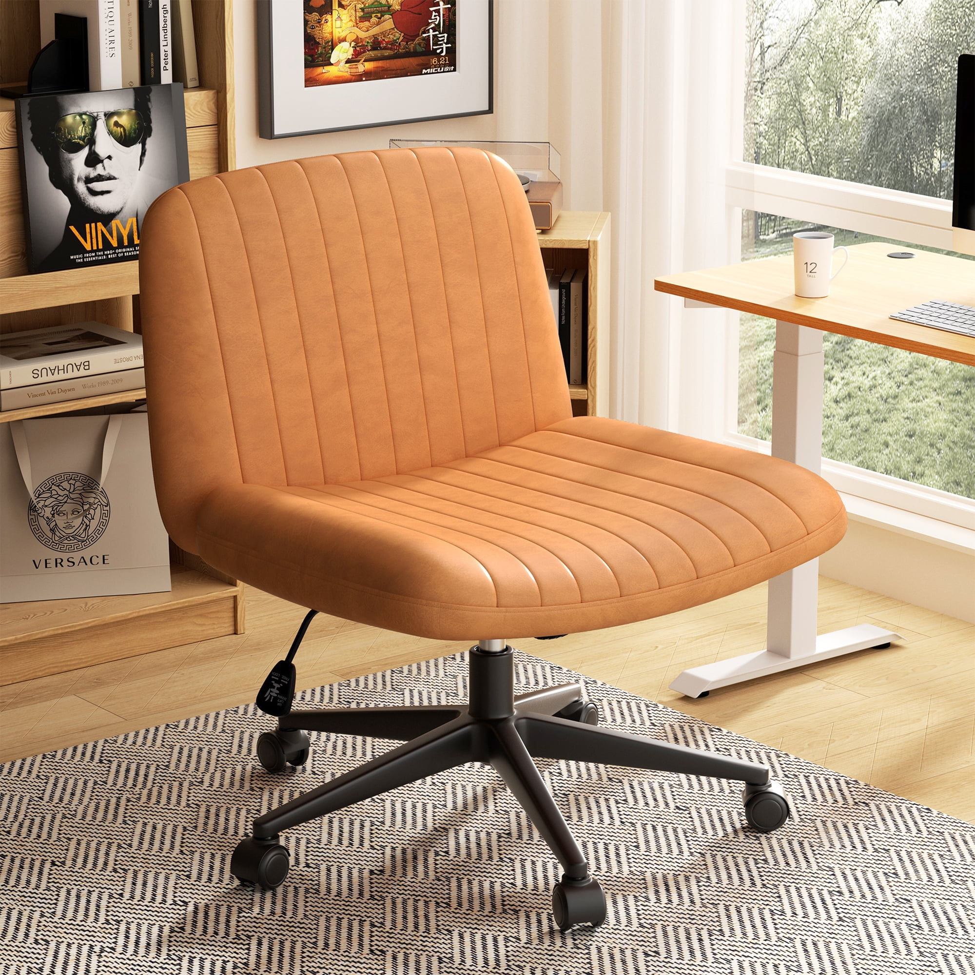 Walsunny Armless Criss Cross Home Office Chair, Fabric Vanity Desk Chair with Wheels, Wide Seat Swivel Task Computer Chair, Orange