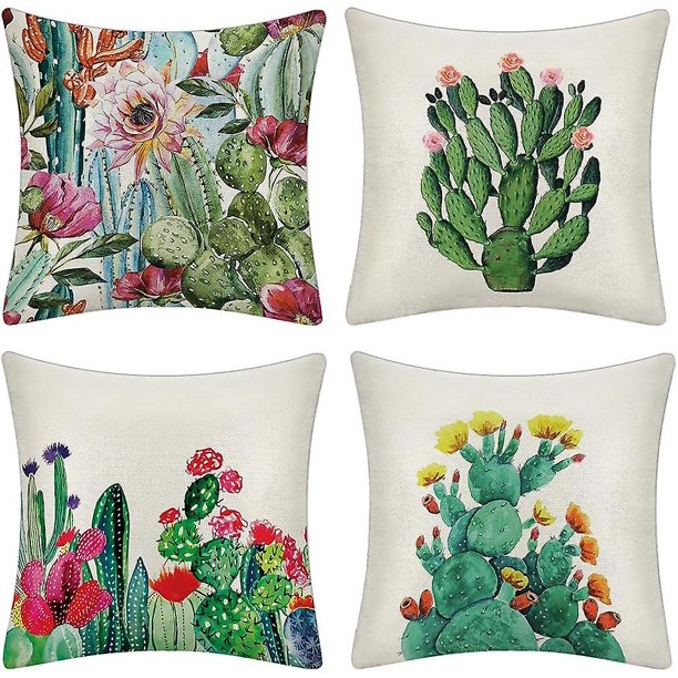 4 Piezas Funda De Cojín Rojo Verde Mediterráneo Cactus 45x45 Cm