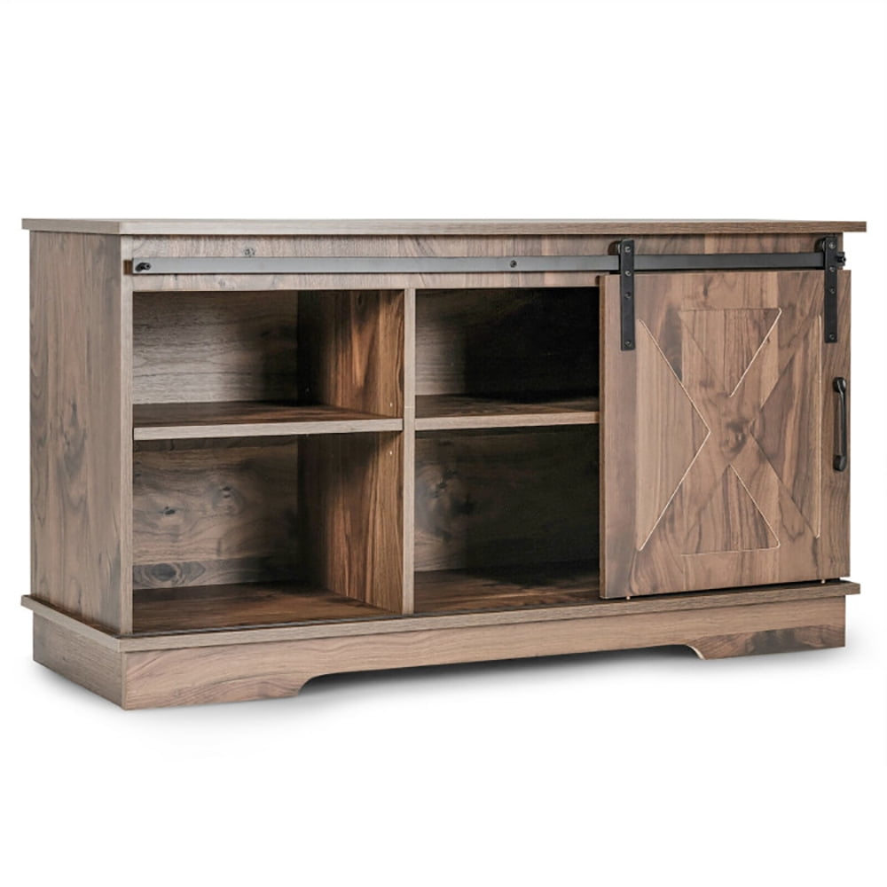 Finihen TV Stand, TV Cabinet, Sliding Barn Door TV Stand with Adjustable Shelf Cabinet, Media Entertainment Center with Storage, for Living Room, Bedroom, Dark Walnut