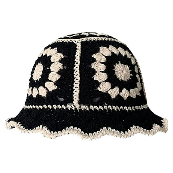 Prolriy Bucket Hats for Woman Crochet Bucket Hat for Women Knit Cap Handmade Foldable Floppy Beach Hat Fashion Cute Striped Floral Fishing Hat Bucket Hat Black M