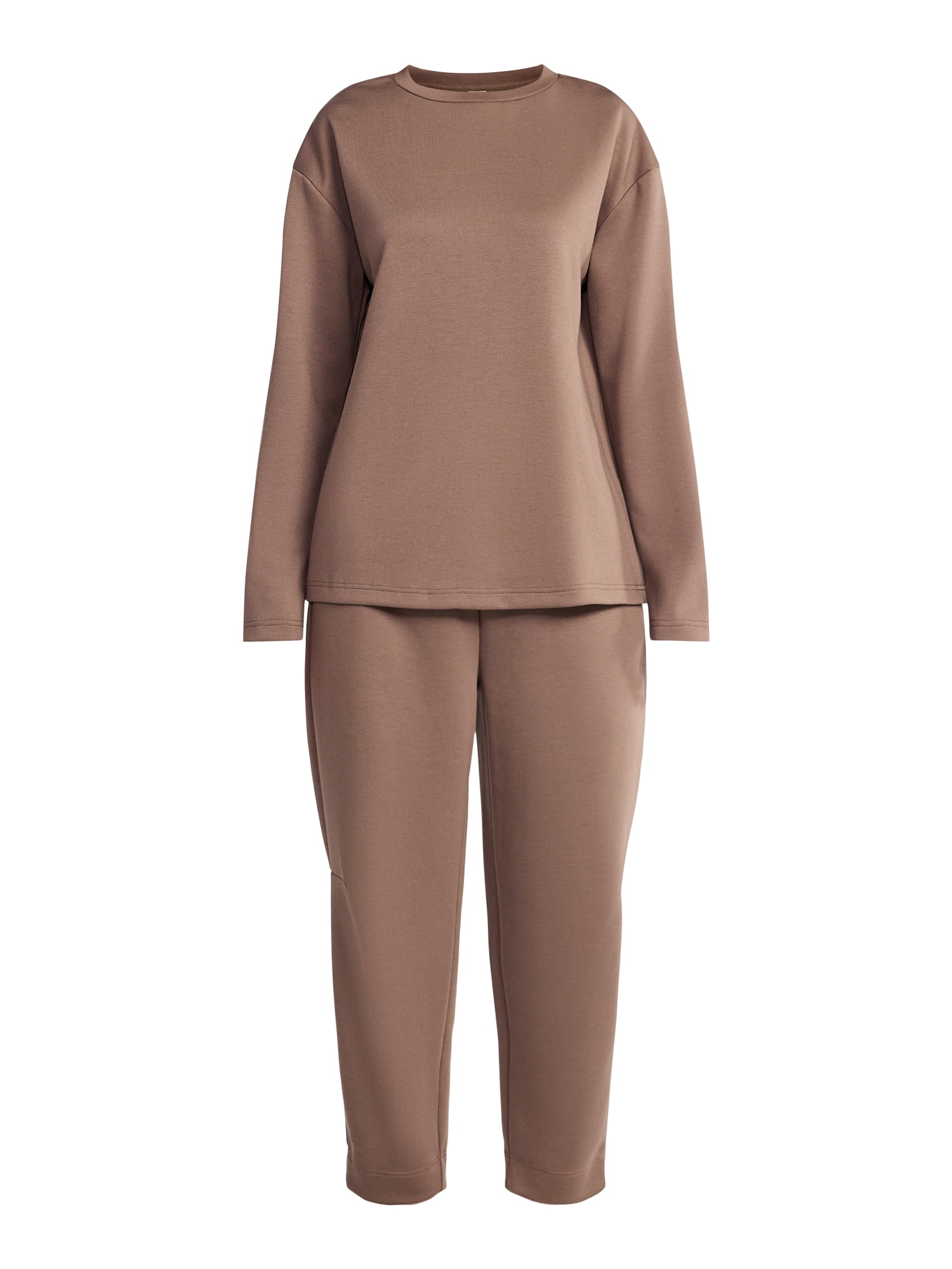 Lissome Women’s Luxe Scubaknit Long Sleeve Drop Shoulder Top and barrel leg pant Lounge Set, 2-piece Set , Sizes S-3X