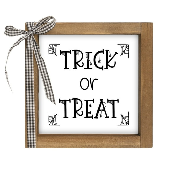 Trick or Treat Sign, 6 Inch Wooden Halloween Table Top Decor, Indoor Decorative Signage Wall Art Shelf Mantel Desk Tabletop Tiered Tray Rustic Decorations for Home