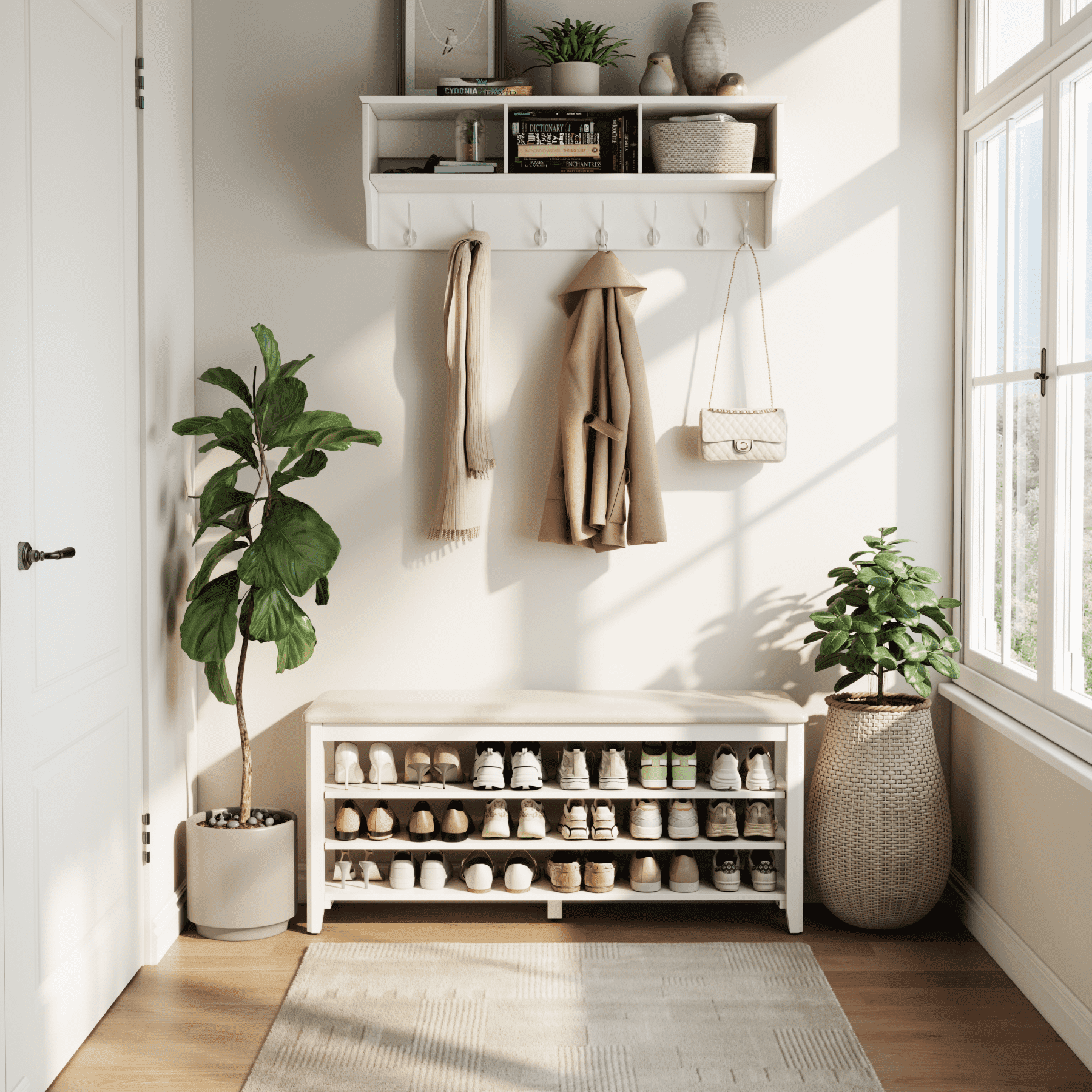 Muwuele 3-Tier Shoe Rack with Leather Cushion, Shoe Organizer Storage with Adjustable Shelves, White Wood Shoe Bench for Entryway, Mudroom, 47.2"W