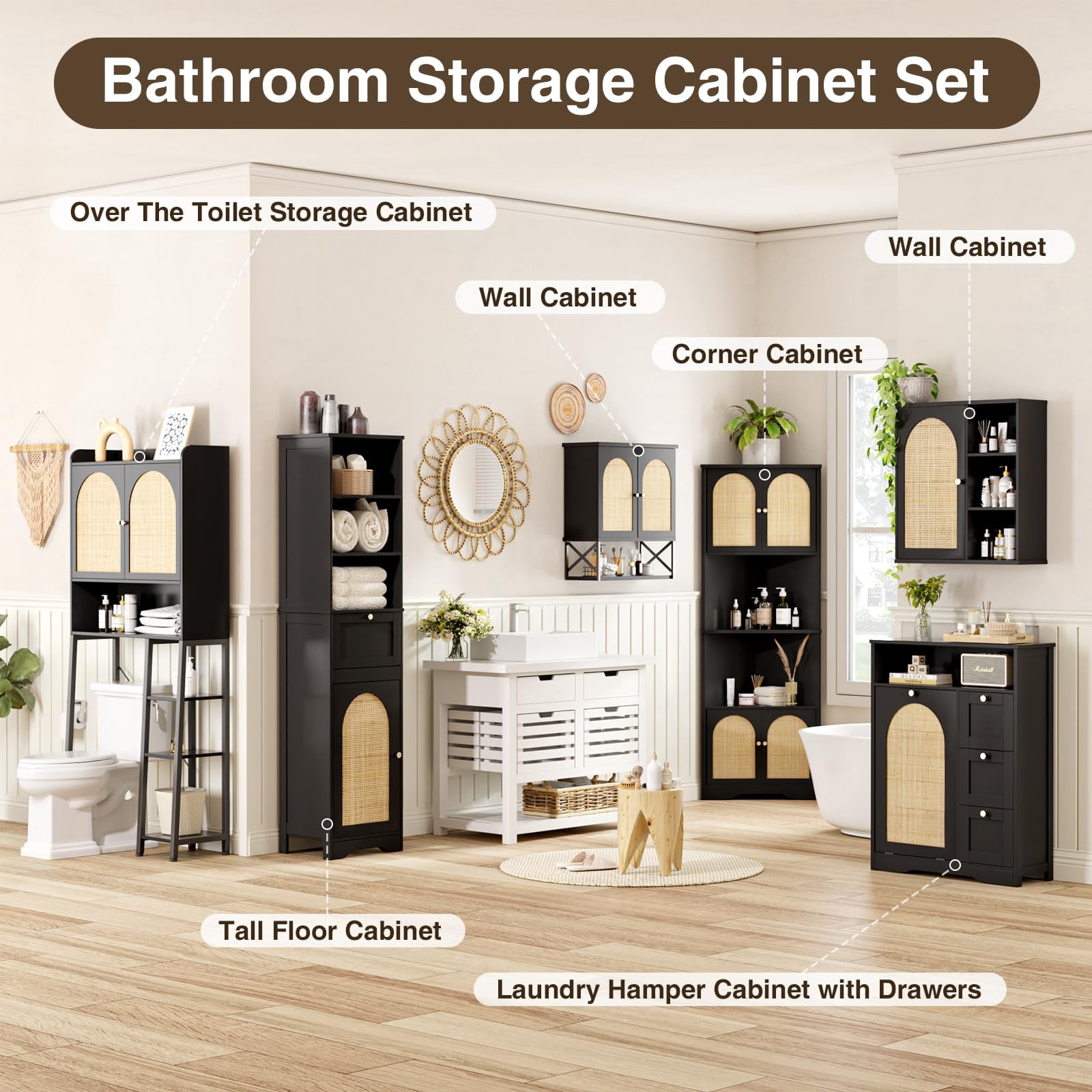 Vabches 67"Tall Narrow Bathroom Storage Cabinet, Linen Cabinet with Rattan Doors, Drawer & Adjustable Shelves