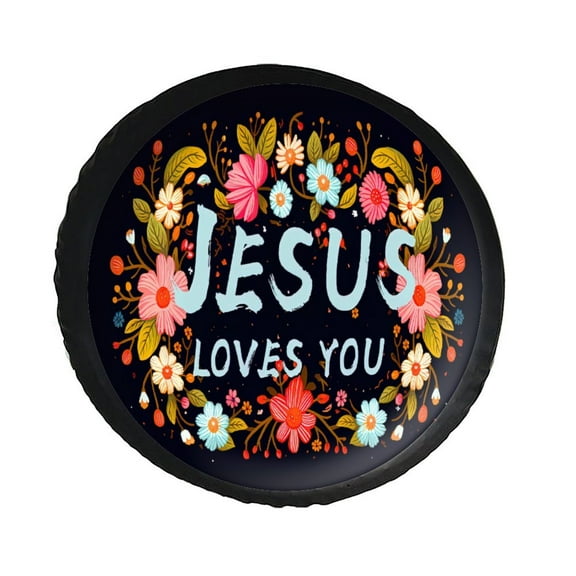 KAKALAD Jesus Loves You Christian Monogram 03 Spare Tire Cover PVC Leather Universal Vehicle Accessories Buckle Car Tools 14”in
