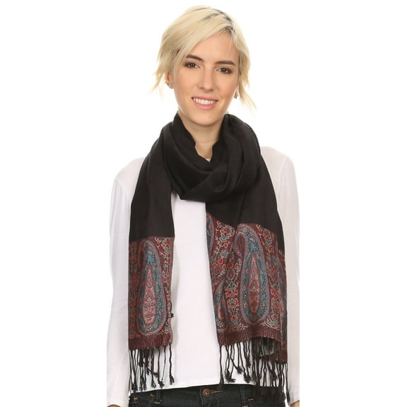Sakkas Bela Long Wide Multi Patterned Tassel Fringe Pashmina Shawl / Wrap / Stole - Black - OS