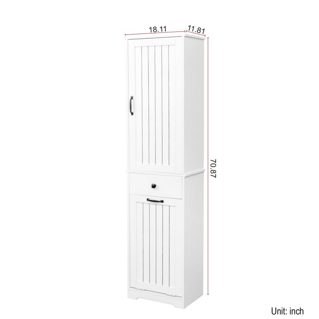 71"H Laundry Cabinet with 1 Storage Cabinet, 1 Drawer and Removable Laundry Bag, White, Hamper Organizer for Bathroom, Bedroom, Laundry Room, White