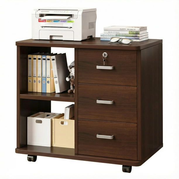 Archivador, Archivador con Cerradura (3 Cajones, 2 Compartimentos Abiertos), Armario Archivador, Mesa Auxiliar, Armario Móvil con Ruedas, Apto para Oficinas y Estudios, 60 × 34 × 60 cm (Marrón)