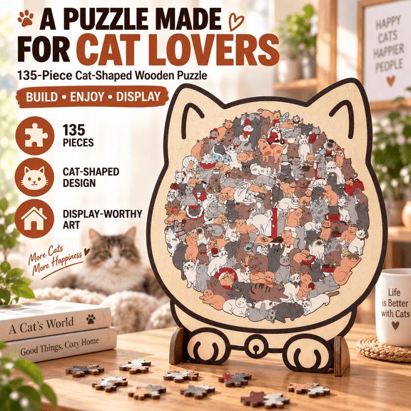 Cat Shaped Jigsaw Puzzles Wooden Jigsaw Puzzles for Adults Cat Puzzles for Adults 135 Piece Irregular Wooden Cat Puzzle with Display Stand