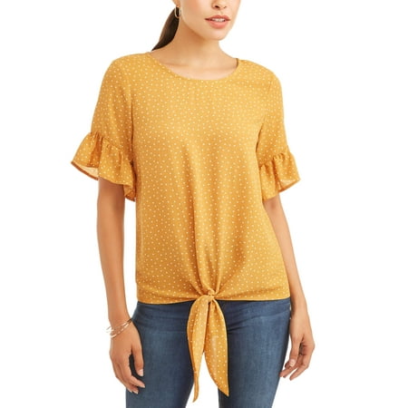 Tie Front Chiffon Blouse - Women's Tie Front Ruffle Sleeve Top