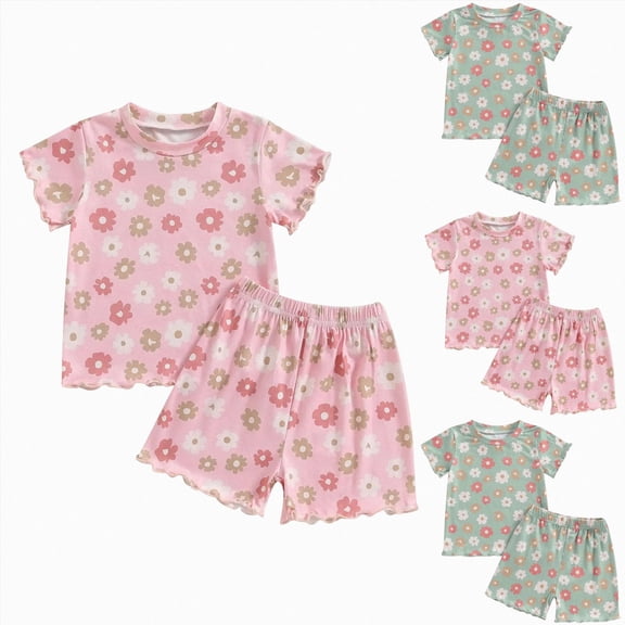 WUANDIXFA Pajamas for Toddler Girls for 12 18 24 Months 3T 4T Cute Soft Cotton Summer Set 2 Piece, Breathable Short Sleeve Top Shorts Loungewear Girls Pj Set Pink,2-3 Years