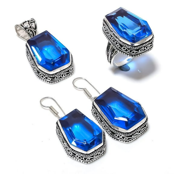Natural Swiss Blue Topaz Gemstone Handmade 925 Sterling Silver Jewelry Set