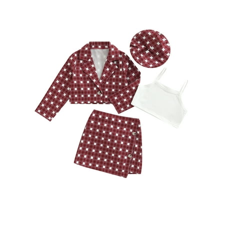 

Jkerther 4Pcs Toddler Girls Fall Outfits Long Sleeve Plaid Jacket + Tops + Skirt + Beret Hat Set