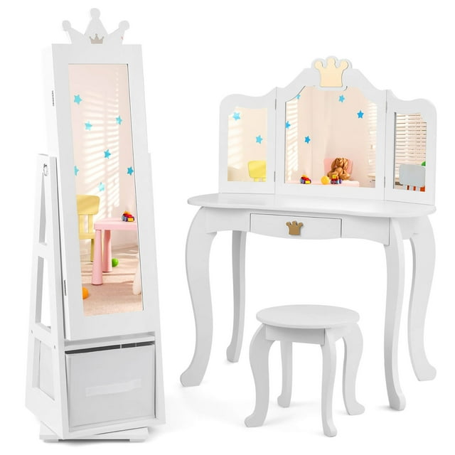Gymax Kids Vanity Set Princess Makeup Dressing Table & Chair Set w/ Jewelry Armoire White