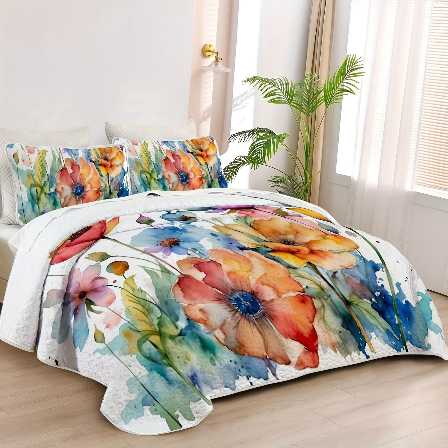 Flymme Quilts Sets Queen Size 3 Pieces Watercolor Art Floral Bedspread Coverlet with Pillowshams Lightweight Quilt Bedding Sets for Bedroom Decor