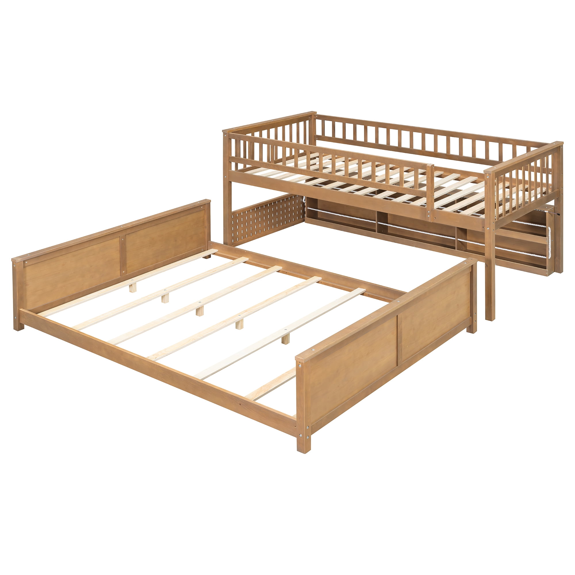 Twin XL over Queen Bunk Bed with Integrated Side Storage Shelves and Color-Changing LED Lights, Solid Wood Bunk Bed Frame with Integrated Shelving and Pegboard for Kids Teens Adults