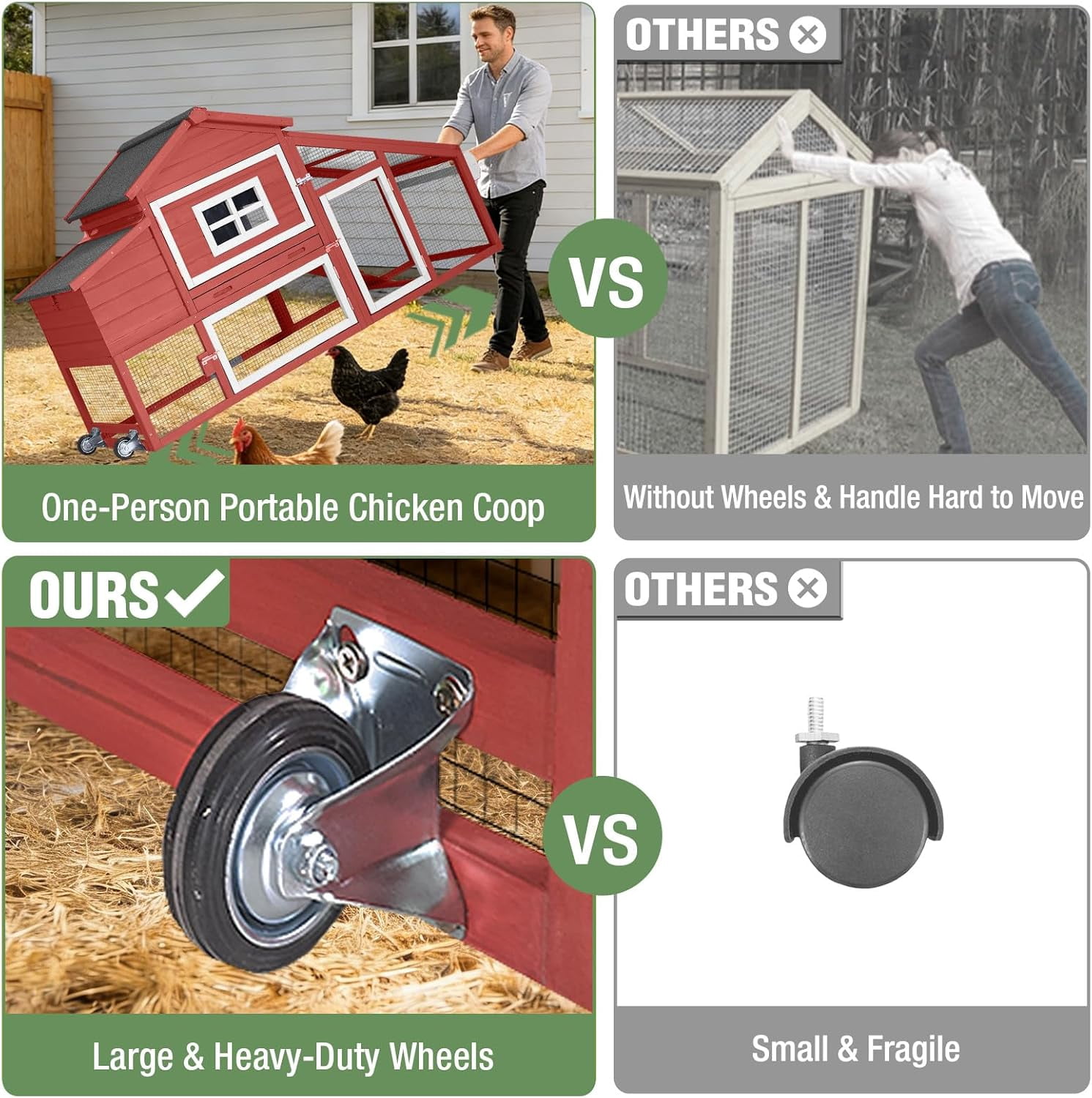 Aivituvin Chicken Coop for 2-4 Chickens with Wheels Outdoor Chicken House Mobile Large Poultry Cage Pull Out Tray No Leakage Red