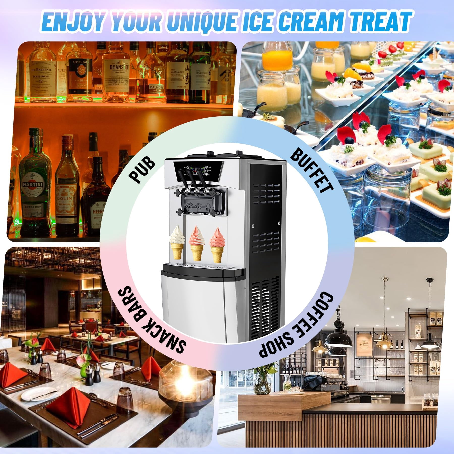 Soonbuy 2+1 Flavor Soft Serve Ice Cream Maker Machine Commercial, 5.8-8 Gal/Hr 2200W Soft Serve Machine with LCD Display, Auto Clean Pre-Cooling High Productivity for Restaurants & Snack
