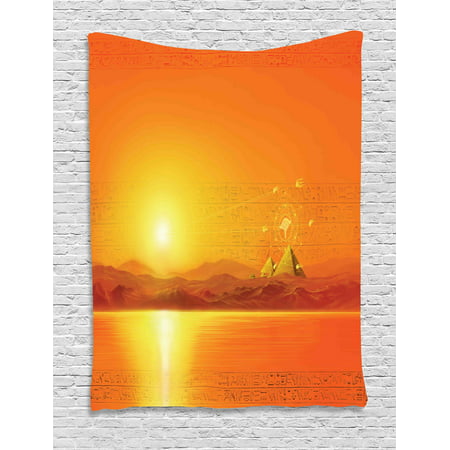 Egypt Tapestry, Sacred Geometry Symbol Hanging in the Air Sun Ancient Scenery Reflection Print, Wall Hanging for Bedroom Living Room Dorm Decor, Yellow Orange, by