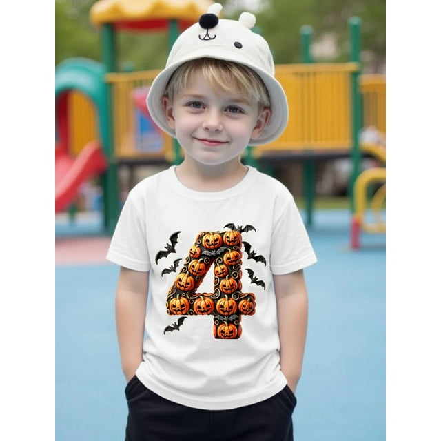 Halloween T-shirt - Boys' Halloween Pumpkin Bat Graphic T-Shirt - White Short Sleeve Round Neck Casual Top with Black Print, Soft Breathable Fabric for Summer, Playful outdoor & Casual attire