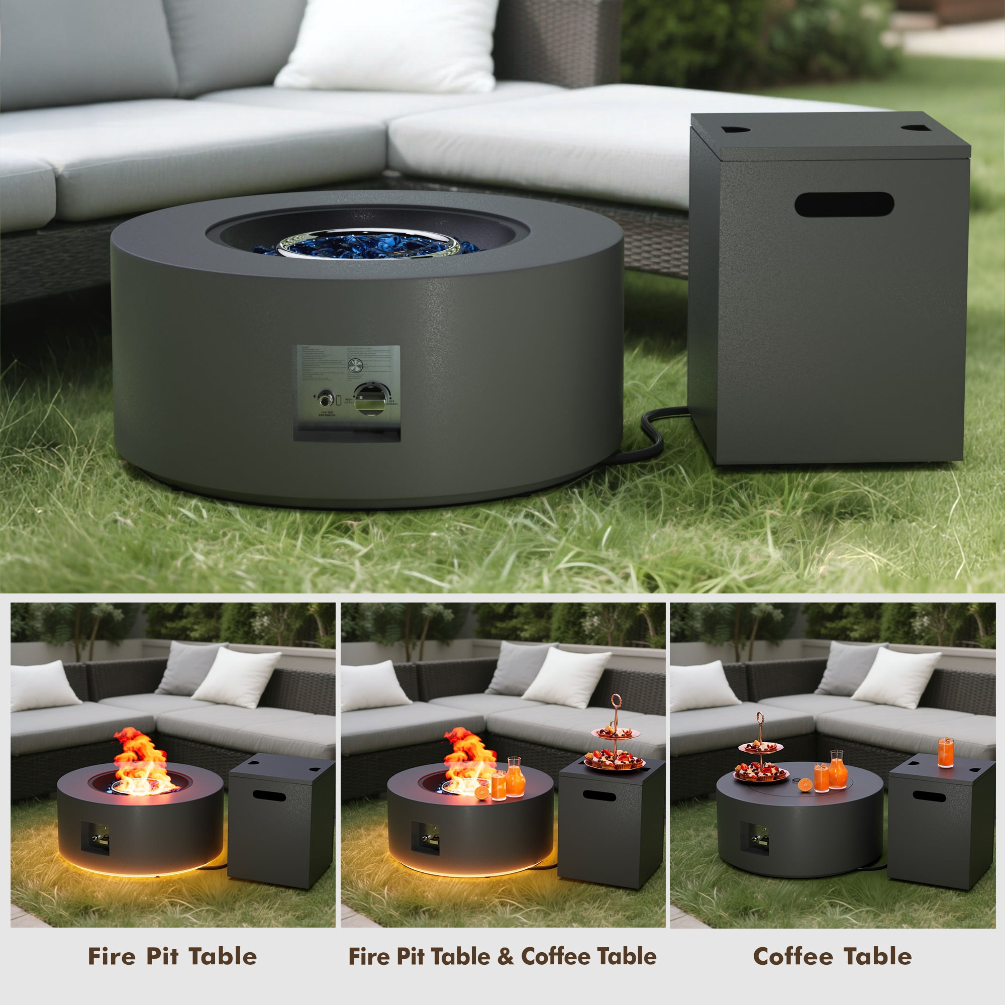 30 in. Round Propane Fire Pit Table with LED Light - 50,000 BTU Gray Outdoor Fire Pit with Tank Holder, Gas Fire Pits s for Outside (Dark Gray, Golden LED Light)
