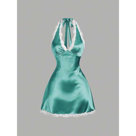 Mint Green Womens Halter Neck Lace Trim Satin A-Line Mini Dress