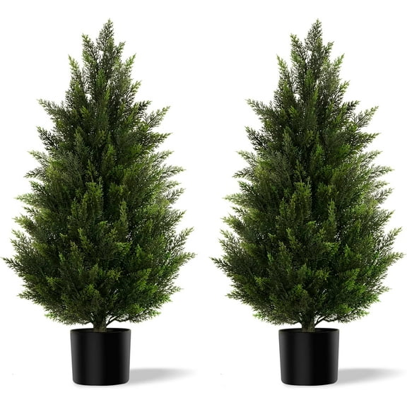 TeviRoom Artificial Topiary Cedar Trees 3FT Tall 2 Set, Outdoor Indoor Faux Pine Shrubs Plants, Realistic Fake Plants Front Porch Decor, Artificial Bushes Cypress for Home Front Door Offices