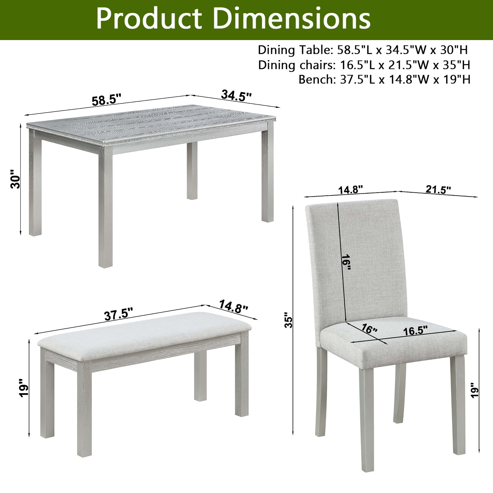 MAYEERTY 6 Piece Wooden Dining Table Set, Wooden Dining Table with 4 Upholstered Chairs and Bench for 6 People, Rectangular Dining Table Set with Crystal Decoration,Silver grey