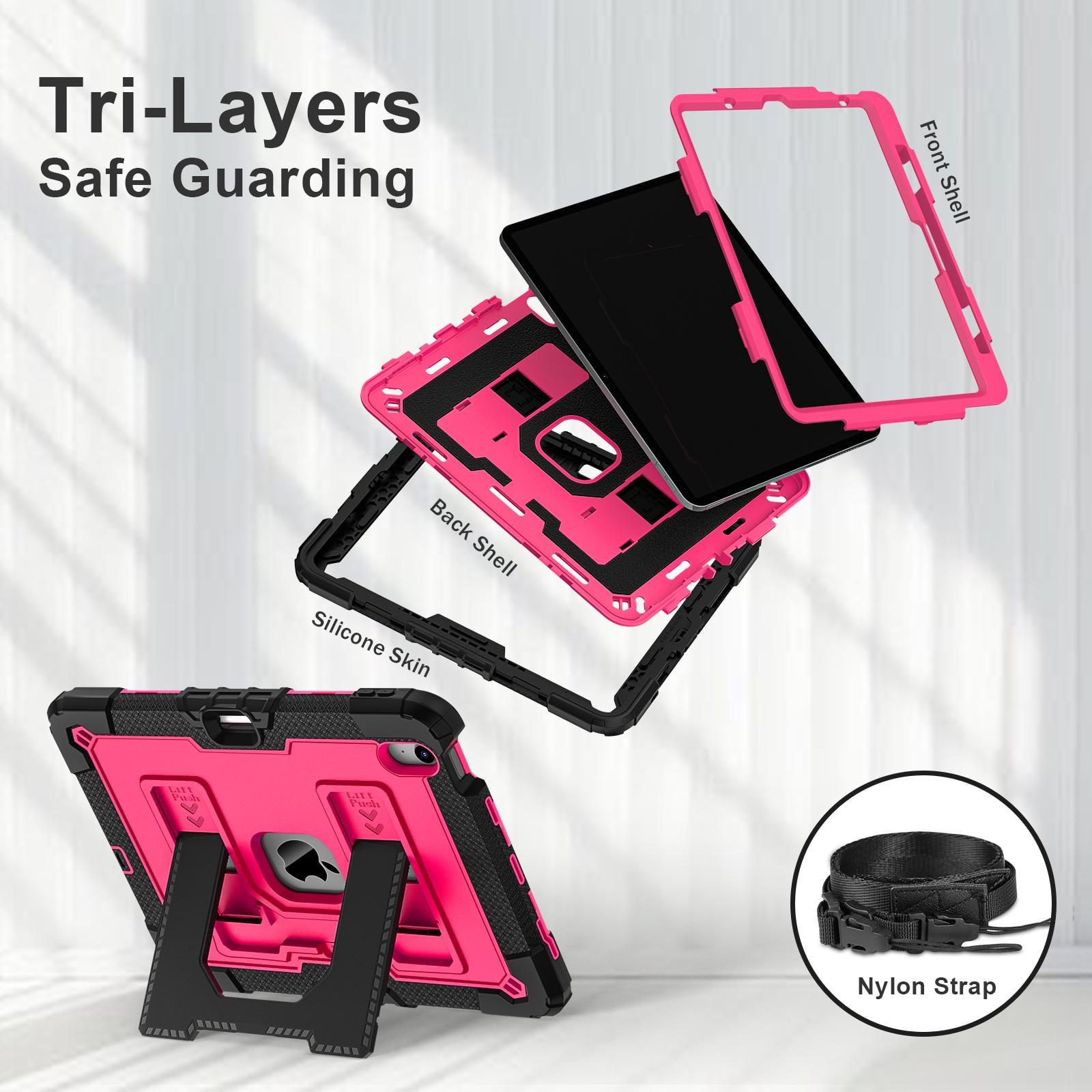 ELEHOLD 3-Layer Rugged Case For Apple iPad Air 11 (2025 / 2024) Heavy Duty Shockproof Cover, [Drop Protection], [Logo Visible], With Kickstand & Pencil Holder & Shoulder Strap, Black+Rose