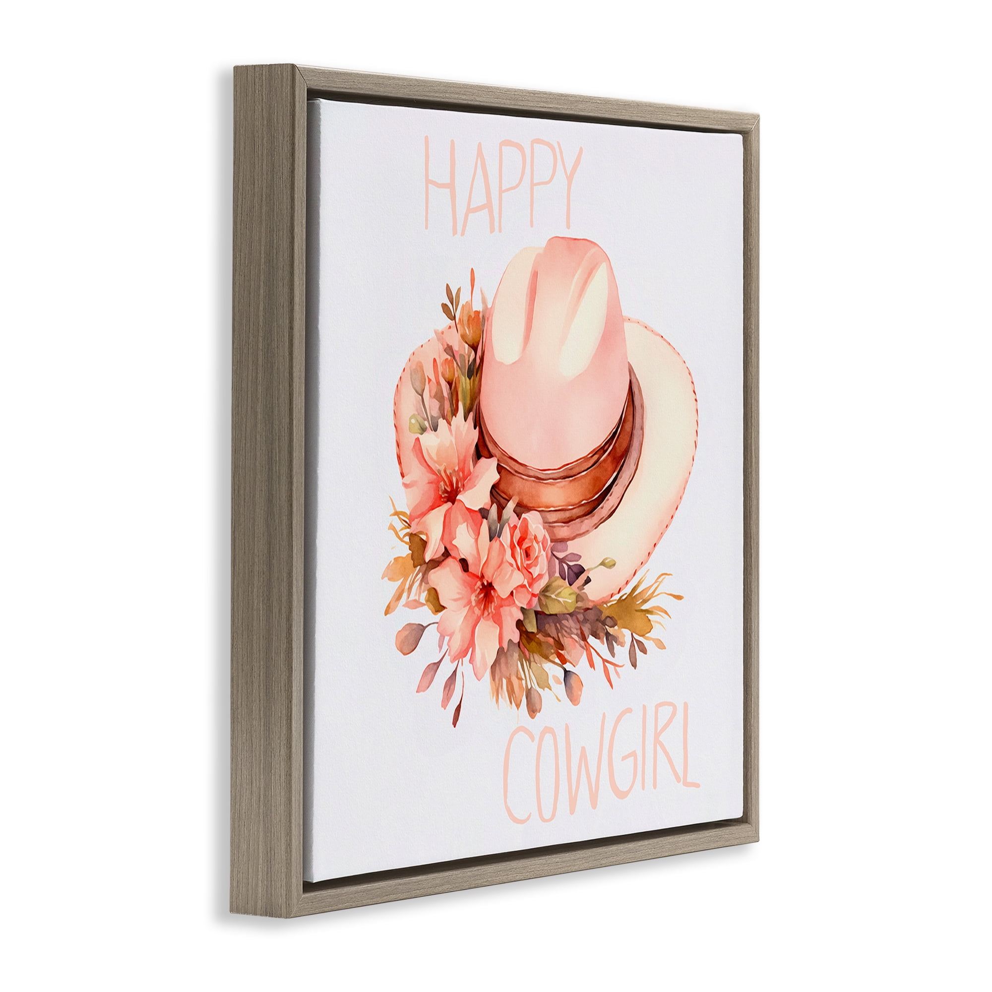 Stupell Industries Happy Cowgirl Floral Hat Plants & Flowers Painting Brown Floater Framed Canvas Art Print Wall Art, 18 x 18