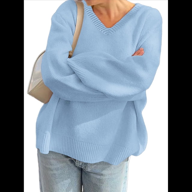 Suéteres de Cuello en V para Mujer, Suéteres Negros, Tops de Punto Básicos de Otoño con Dobladillo Alto y Bajo, Suéter Informal. Azul L