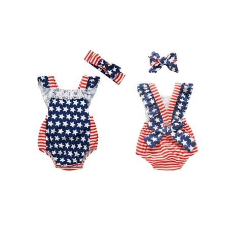 

Baby Girls 4th of July Outfits Ruffled Lace Romper American Flag Striped Bodysuit Jumpsuit with Headband Set