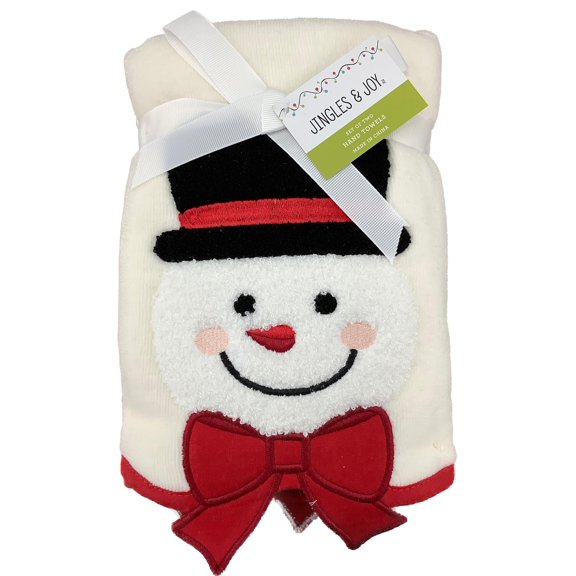 Jingles & Joy Christmas Hand Towels - Set of 2 White - Snowman with Red Ribbon