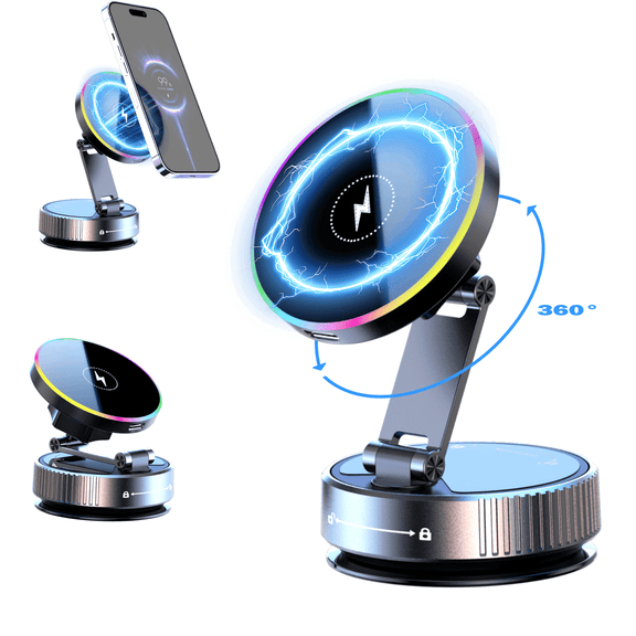 TIKBBRMG Magnetic Cell Phone Car Mount with Vacuum Suction Cup 15W Wireless Charging 360° Rotating Dashboard Car Phone Holder Mount Compatible for Your iPhone 16/15/14/13/12 & All Smartphones