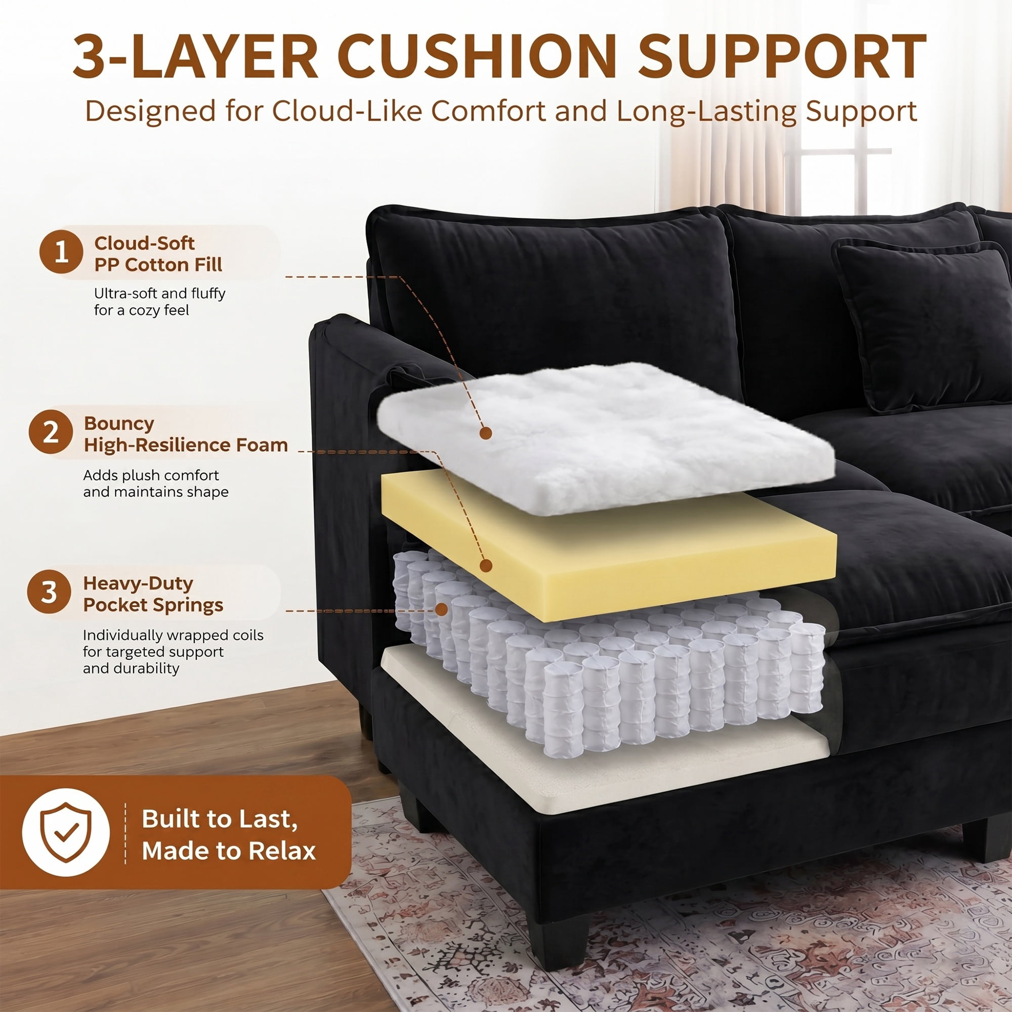 JULY'S SONG U Shaped Couch Set, 4-Seater Modular Sectional Sofa with Movable Ottoman, Deep Seat Couches and Sofas for Living Room, Comfy Cloud Couch with Detachable Cushions, Chenille Black