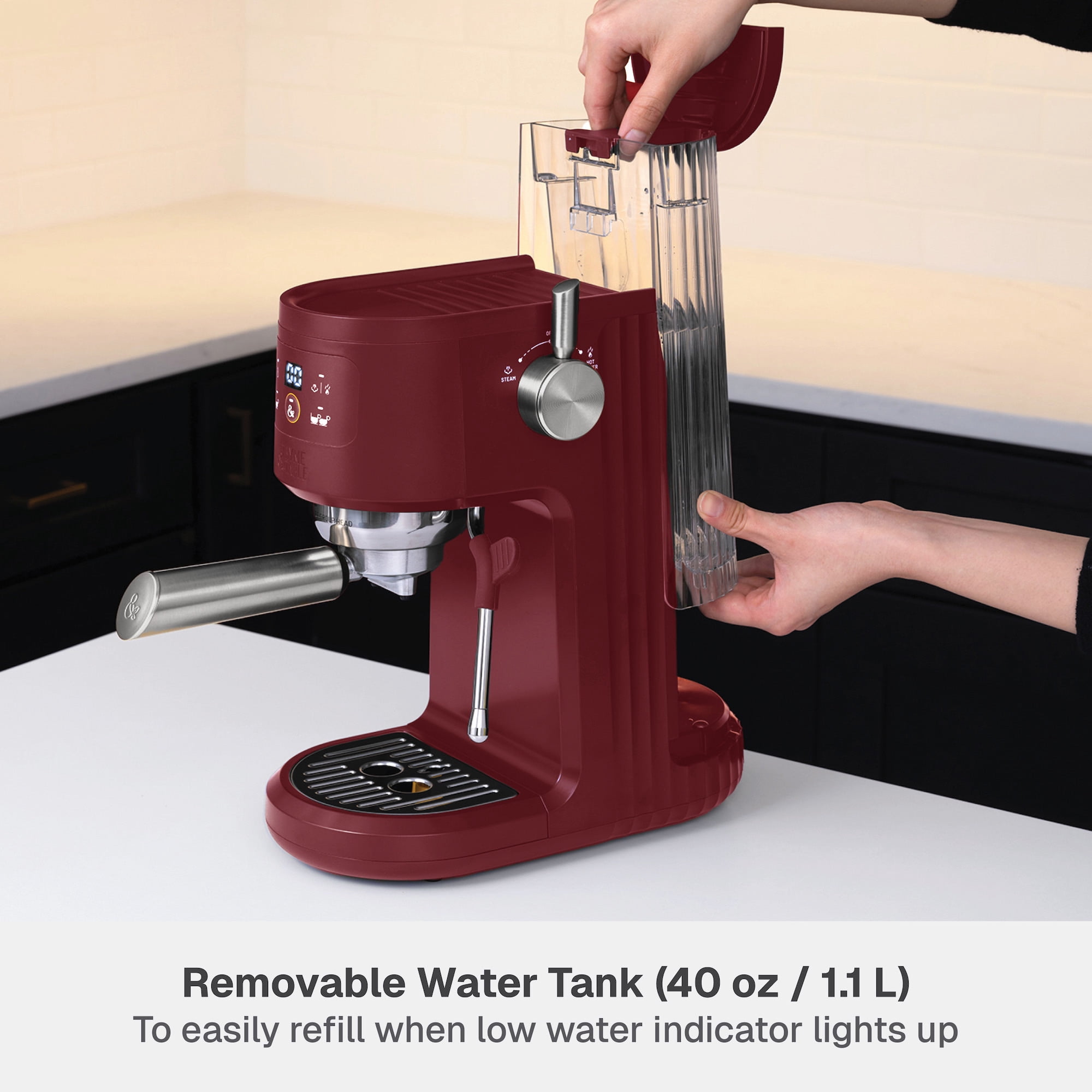 Thyme & Table Barista Mini Espresso Machine with 15-Bar Pressure and Steam Wand, Cabernet Red