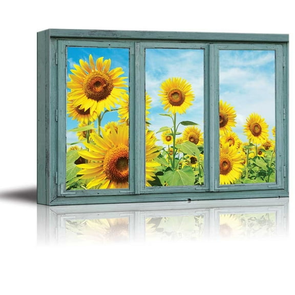 wall26 - Canvas Wall Art - 3 Frame Window Close up with Yellow Sunflowers and Blue Sky - Giclee Print Gallery Wrap Modern Home Art Ready to Hang - 24x36 inches