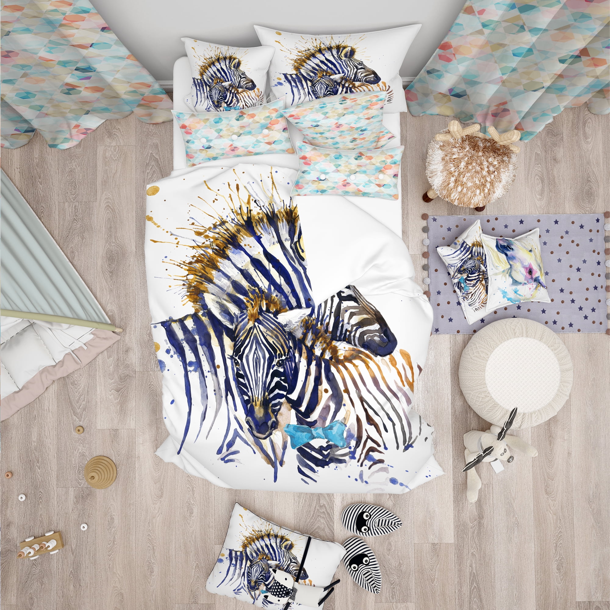 Designart 'Zebra Family Illustration Watercolor' Tropical Duvet Cover Set