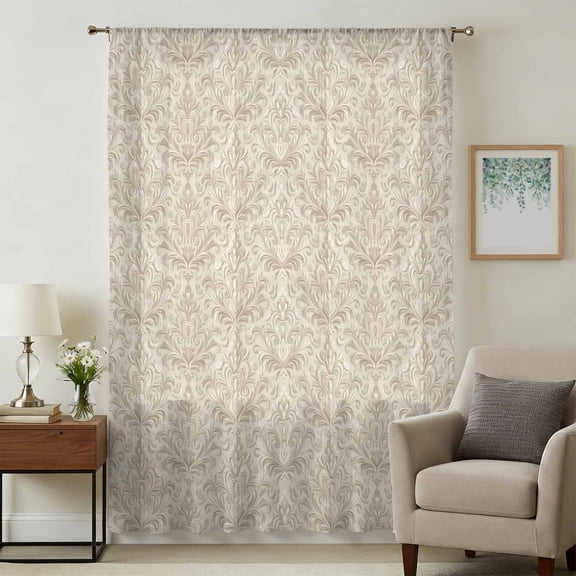 Beige Baroque Sheer Curtains 72 Inches Long, Farmhouse Scroll Floral Pattern Art Light Filering Curtains, Breathable Simi Curtain Privacy Drapes for Living Room Bedroom Lightweight Window Treatment