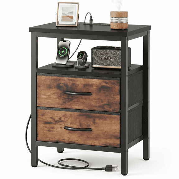 LIFERECORD Night Stand with 2 Fabric Drawers, Nightstand with Charging Station, End Tables with Storage Shelf for Small Spaces, Bedside Table Side Tables for Bedroom, Black & Brown