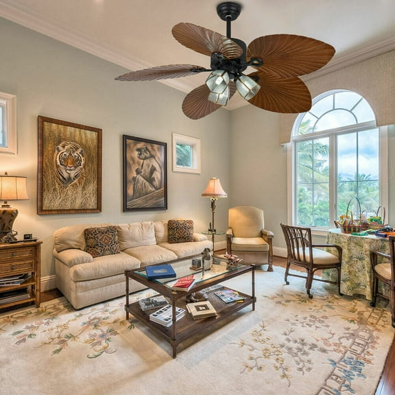 TFCFL 52'' Ceiling Fan w/ LED Light & Remote Control 5 Tropical Palm Leaf Blades Chandelier Fan