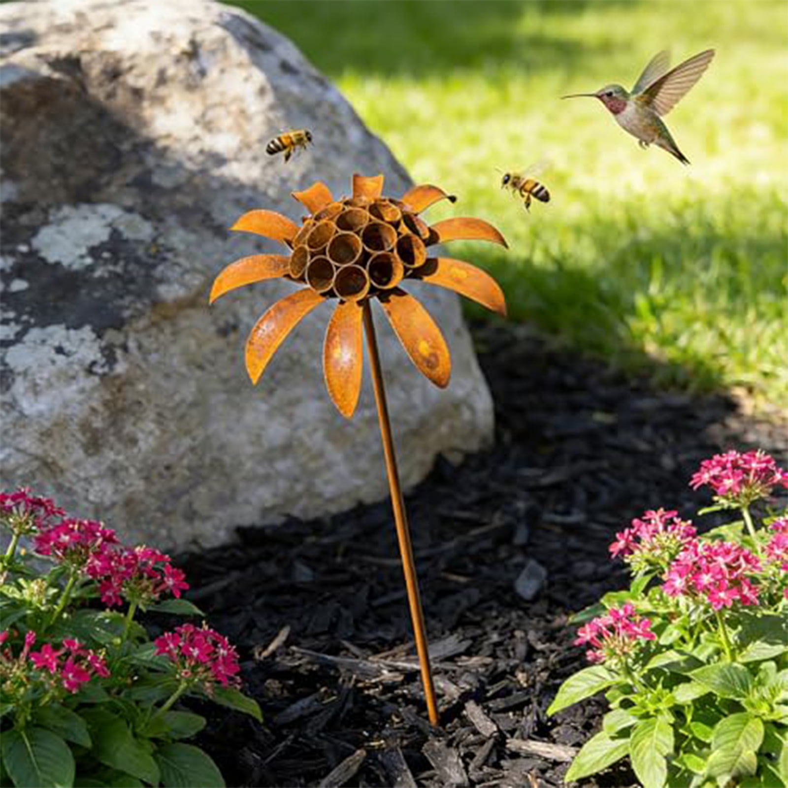 Metal Flowers for Outside, Decorative Garden Stakes, Flower Bed Decorations Outdoor, Metal Garden Flowers Sculpture for Lawn Porch Pathway Patio