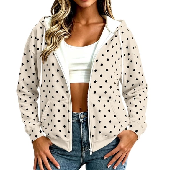 hoksml Women Polka Dot Zip Up Hoodie Drawstring Long Sleeve Pockets for Fall Winter Daily Outdoor Work Comfort