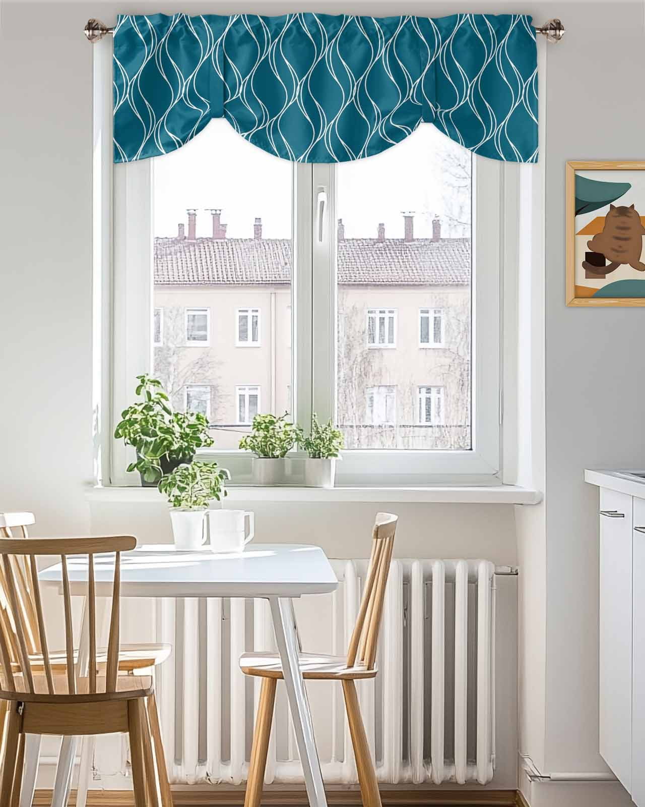 Peacock Blue Lines Tie Up Valances Curtain, Adjustable Kitchen Abstract Waves Striped Classic Valances for Windows Decor, Rod Pocket Short Curtains Set for Bedroom/Bathroom, 60"x18"