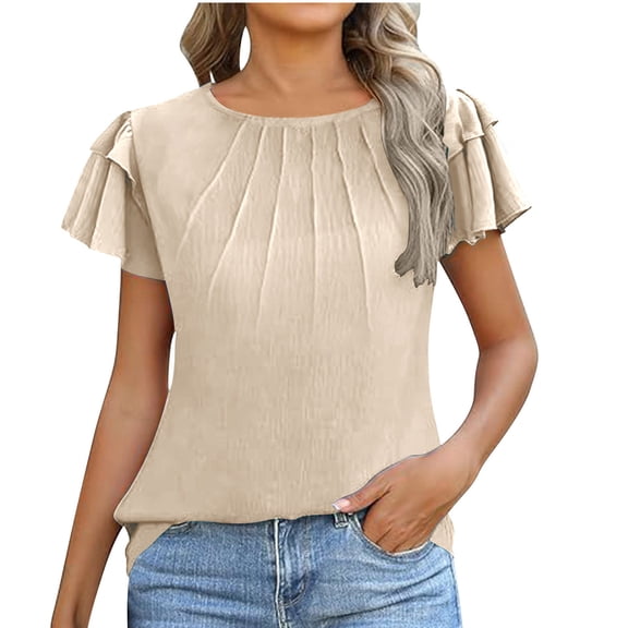ClodeEU Women's Pleated Short Sleeve Crewneck Top ,Solid Color Casual Summer Blouse Beige,Womens Plus L