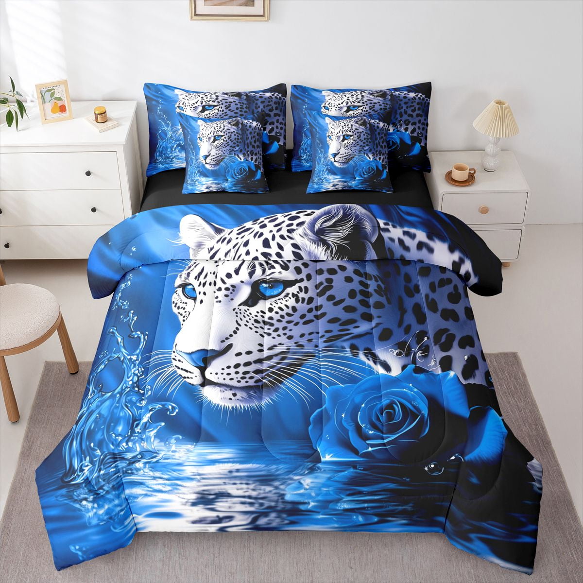 Castle Fairy Boys Girls Safari Leopard Bedding Comforter Set 7 Pieces Chic Floral Rose Full Bedding Set Lightweight Flower Animal Cheetah Fitted Sheet Flat Sheet Microfiber Bedroom Decor Reversible