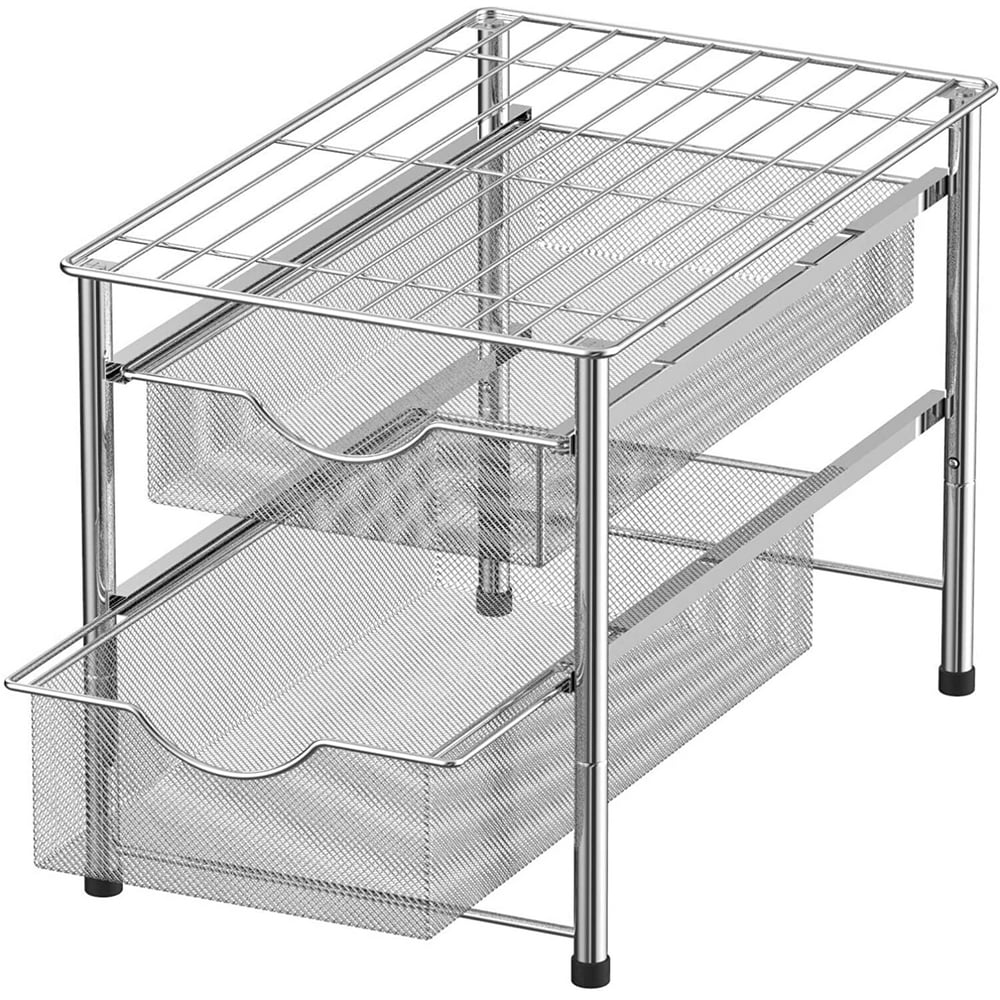 2 Tier Stackable Sliding Double Basket Organizers, Silver