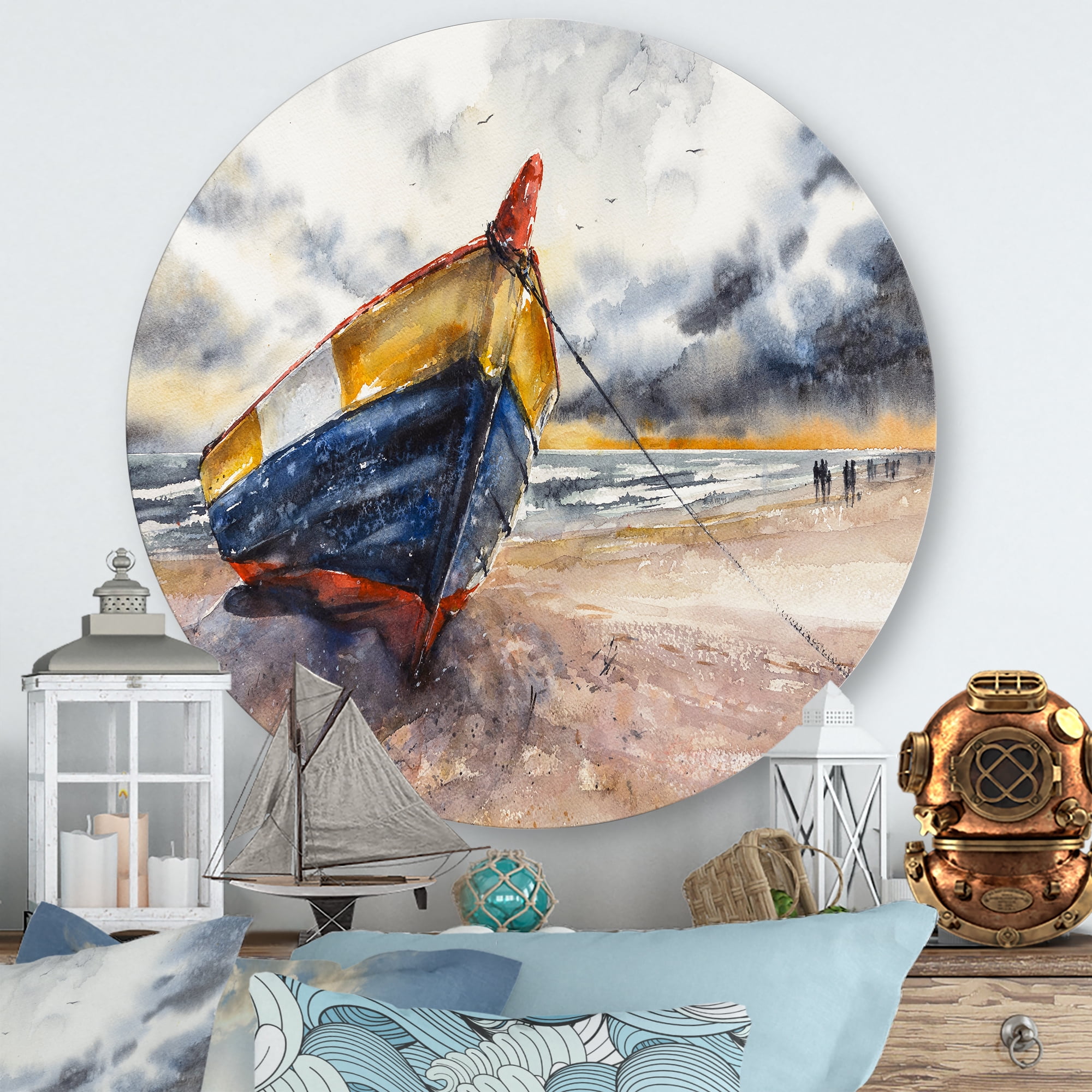 Designart 'Wooden Boat On The Baltic Shores At Evening Glow' Nautical & Coastal Circle Metal Wall Art 11x11 - Disc of 11