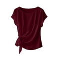 thumbnail image 2 of ClodeEU Women's Satin Round Neck Short Sleeve Blouse with Side Tie Knot,Loose Fit Casual Trendy Tops Wine,Womens Plus XL, 2 of 5
